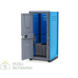 Atidarytas plastikinis lauko tualetas mėlynos pilkos spalvos